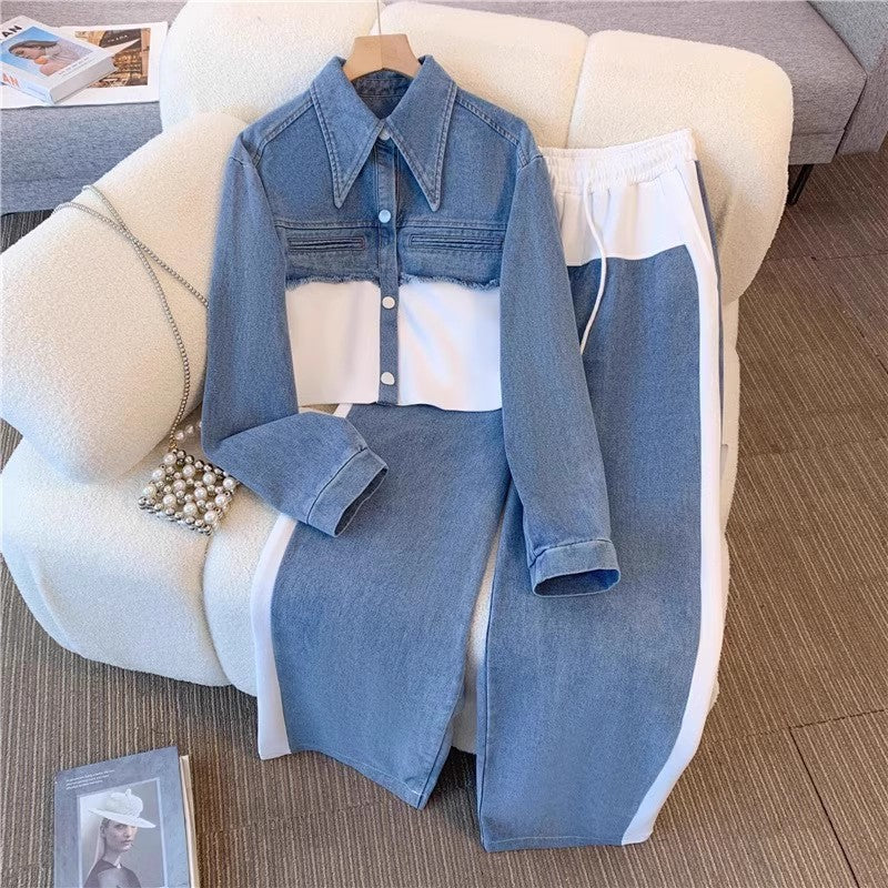 Denim Patchwork Fashion Casual Spring and Autumn Long Sleeve Top Wide Leg Long Pants Two Piece Set