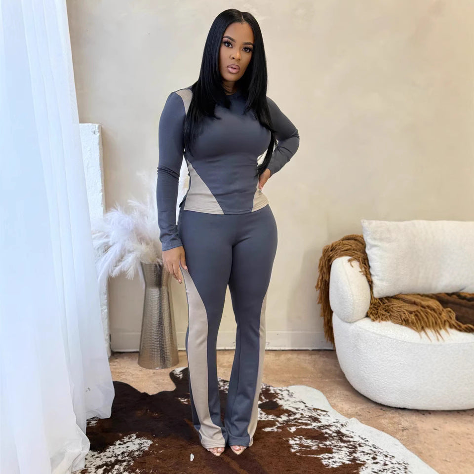 Color Block Sexy Long Sleeve Fashion Two Piece Pants Set for Women