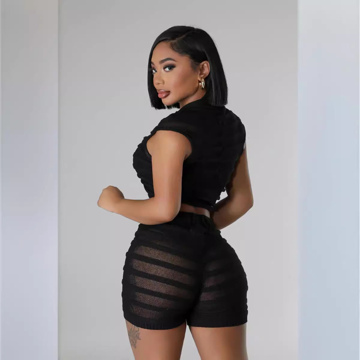 Women Sexy Knitting See-Through Top and Shorts Two-piece Set 4