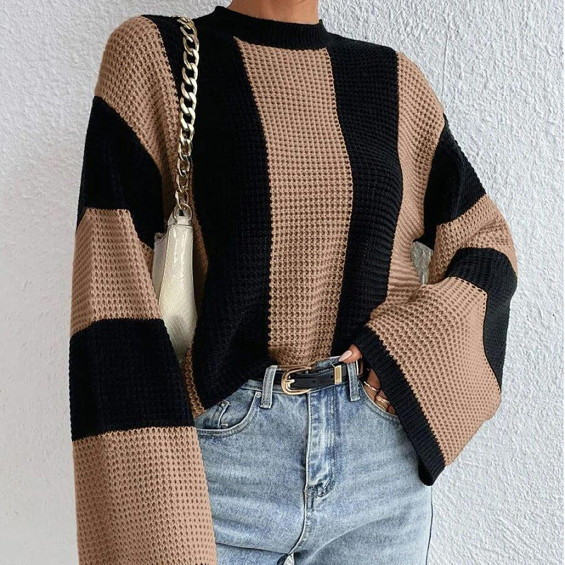 Spring And Autumn Trendy Knitting Sweater Top Round Neck Striped Sweater Jacket For Women 6