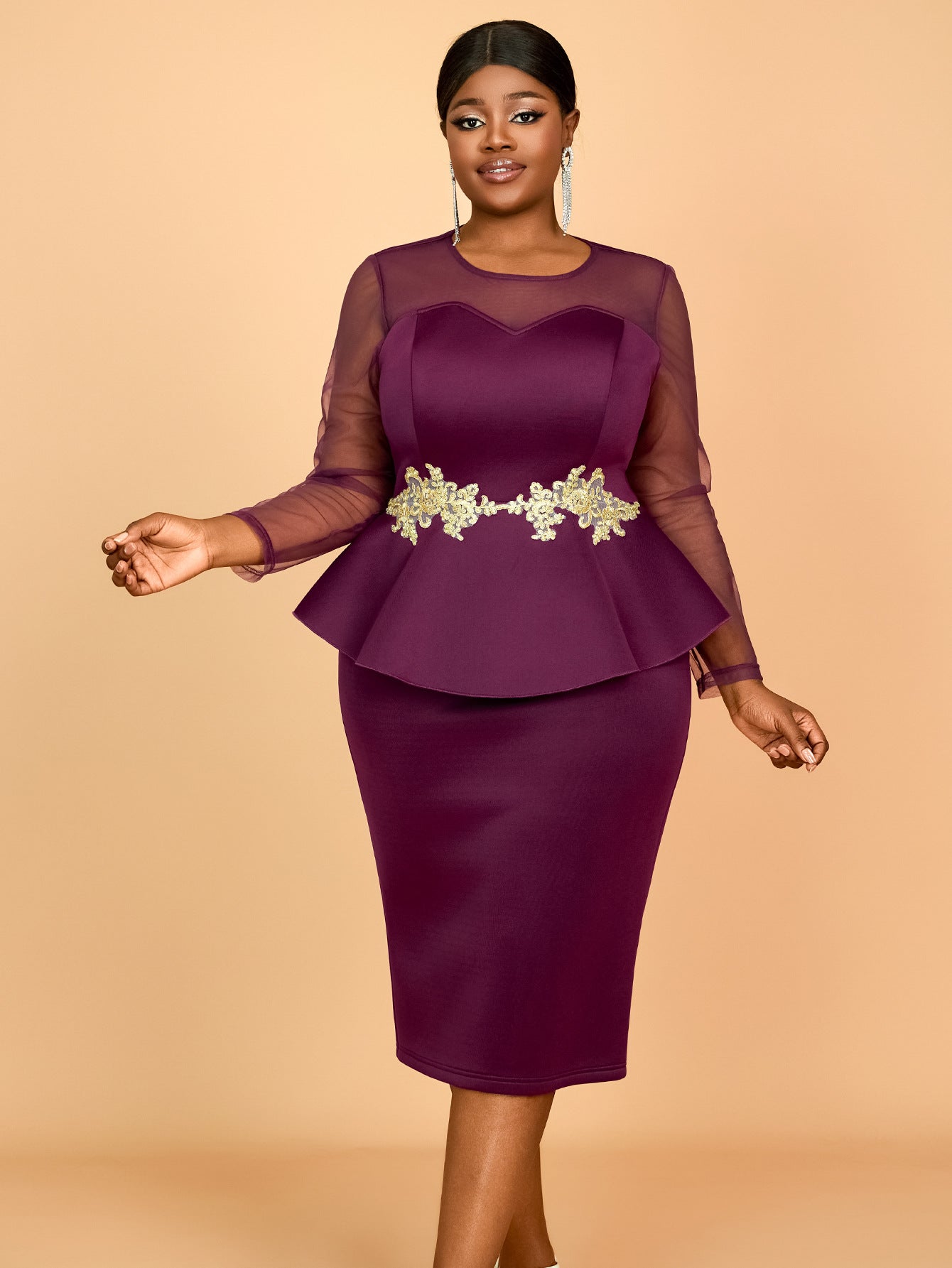 Plus Size See Through Long Sleeve Ruffle Bodycon Dress 6