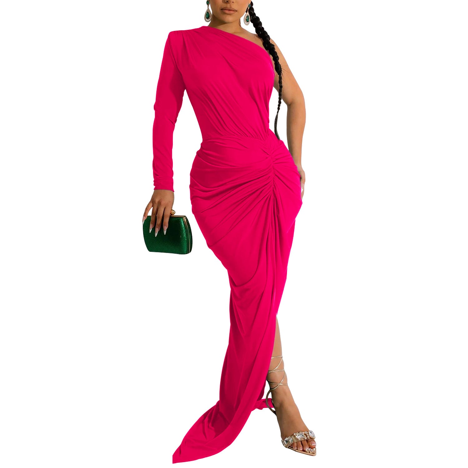 Fashion Women's Solid Color Slash Shoulder Single Long Sleeve Long Pleated Dress 7