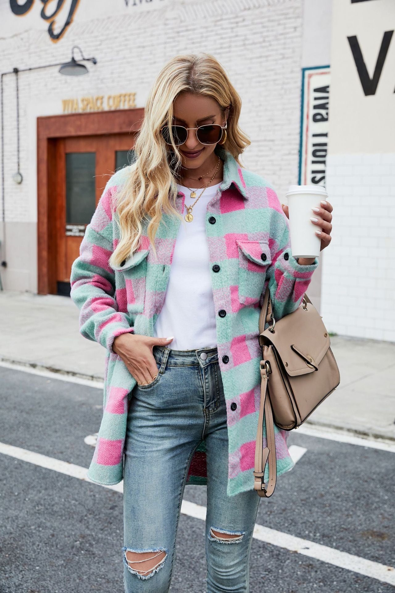 Autumn And Winter Single-Breasted Turndown Collar Long-Sleeved Plaid Cardigan Shirt For Women