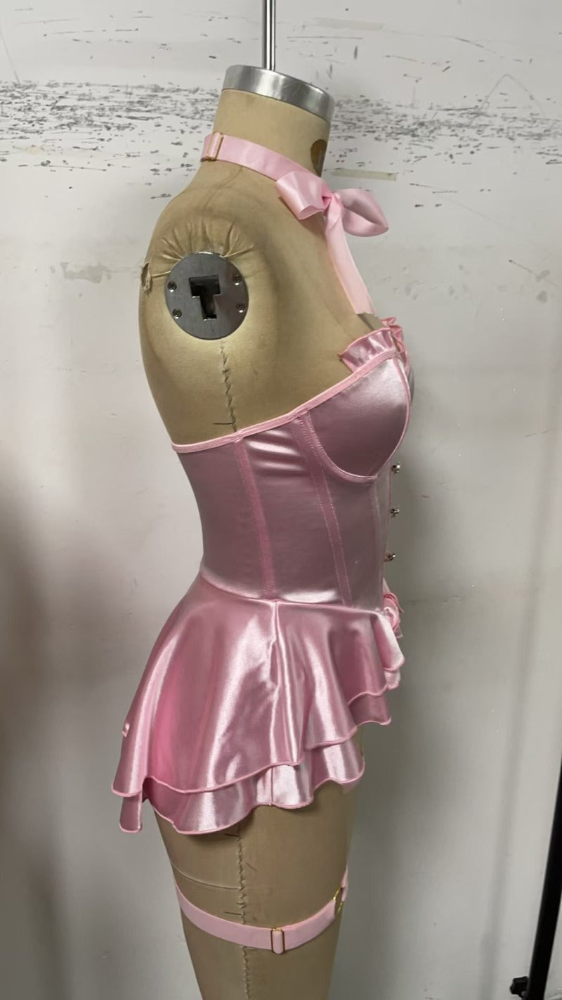 Women's Sexy Pink Lace Bow Bodysuit 8