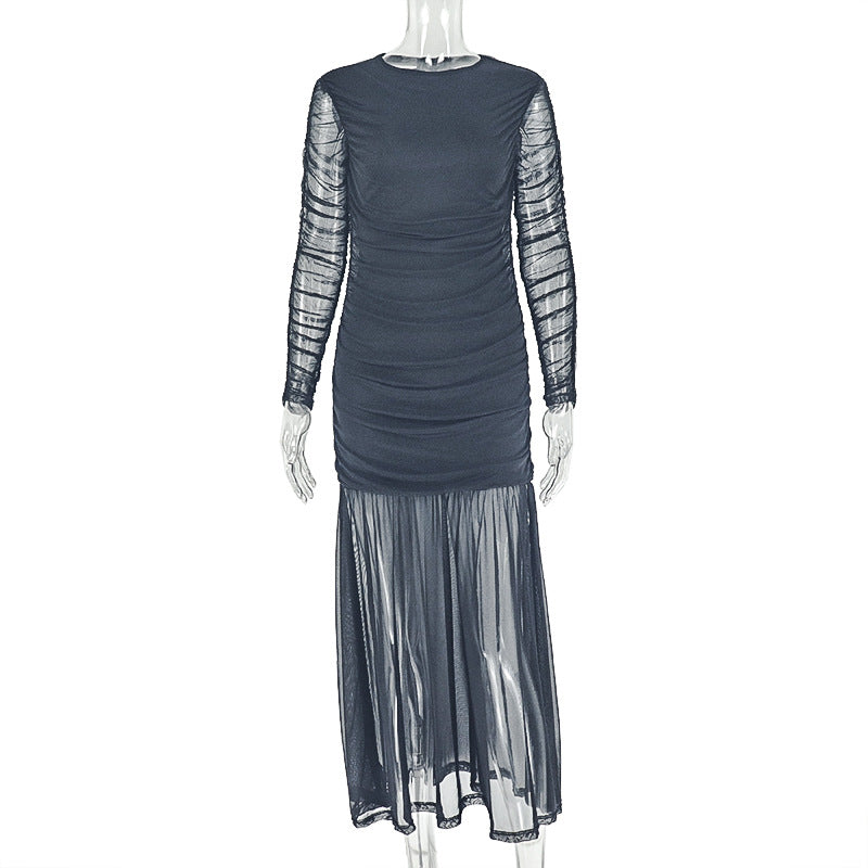 Women's Chic Slim Waist Solid High Neck Long-Sleeve Ruched Long Dress 7