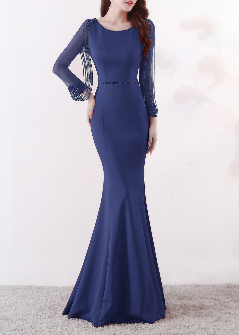 Bridal toast autumn long-sleeved rhinestone chain mermaid long evening dress 4