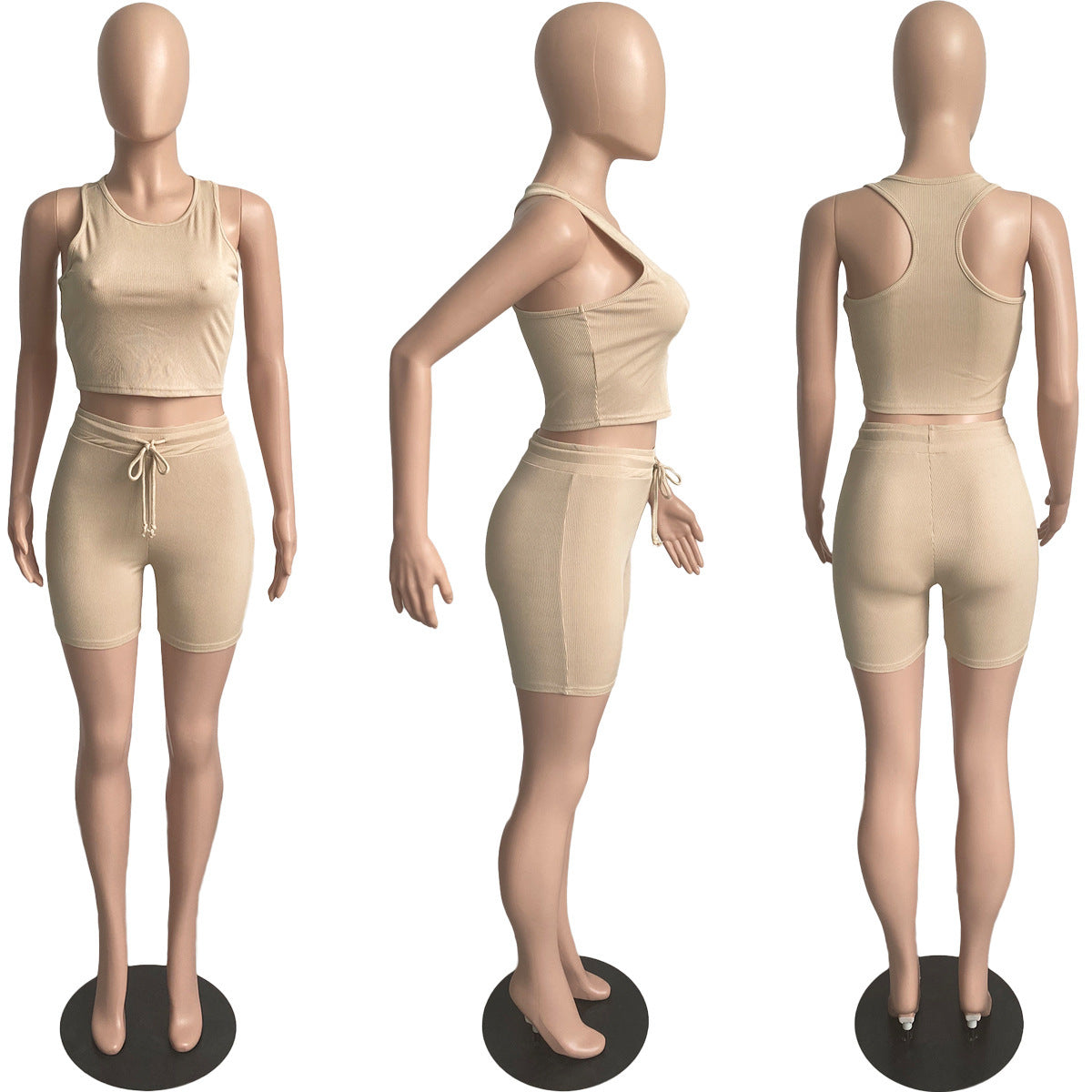 Summer Women's Casual Ribbed Vest & Drawstring Shorts Sports Two-Piece Set 20