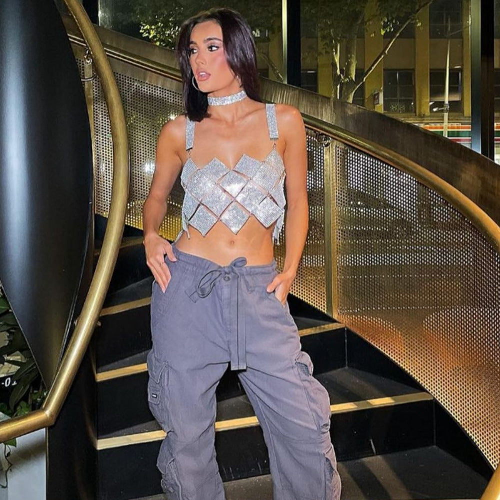 Women's Nightclub Style Sexy Diamond Sequin Checkered Two Piece Skirt Set 6