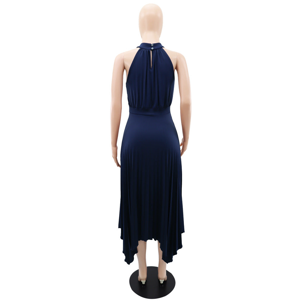 Women Casual Sleeveless Clipped Pleated Halter Neck Dress 19