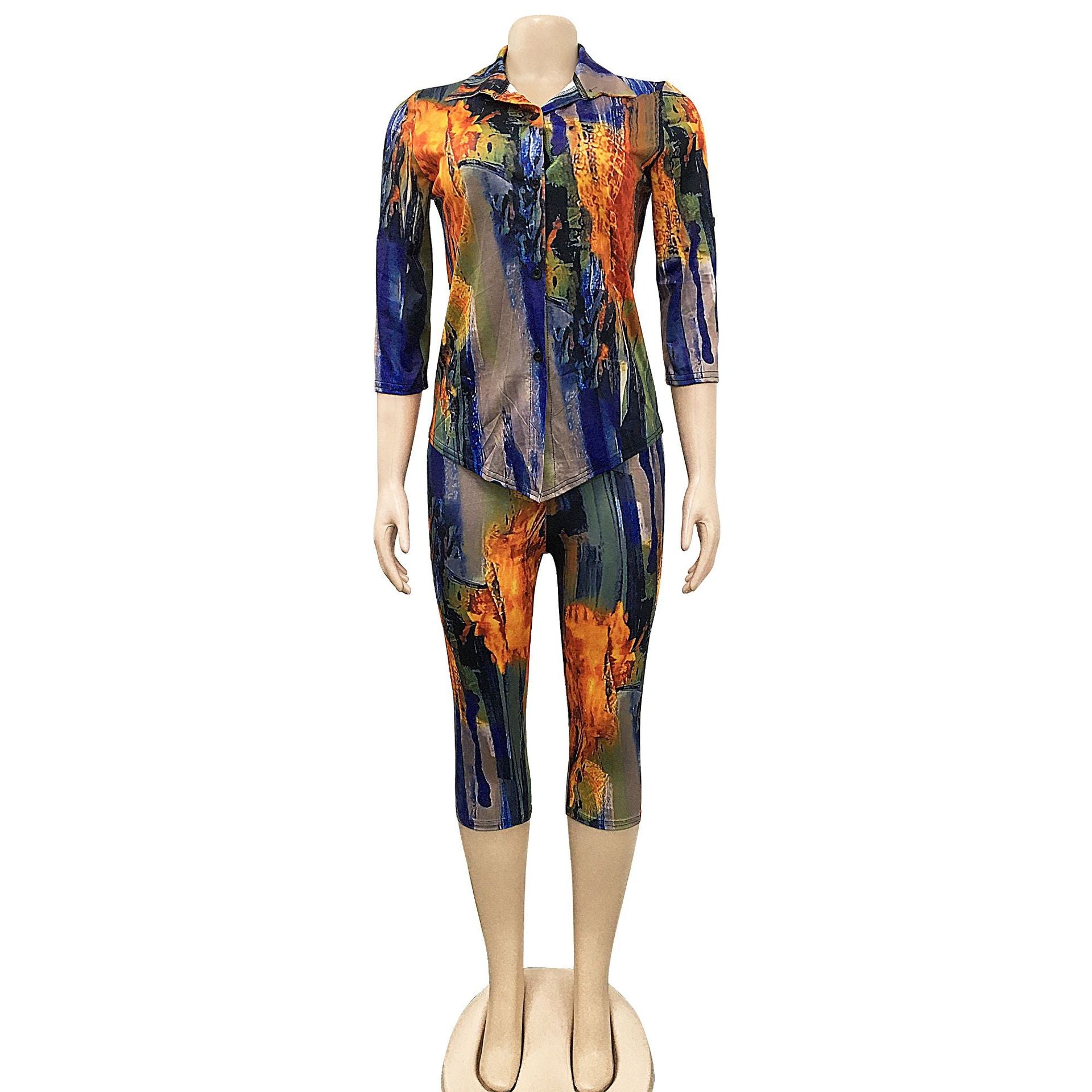 Casual Printed V-Neck Short-Sleeve Shirt Mid-Length Shorts Two-Piece Set 16