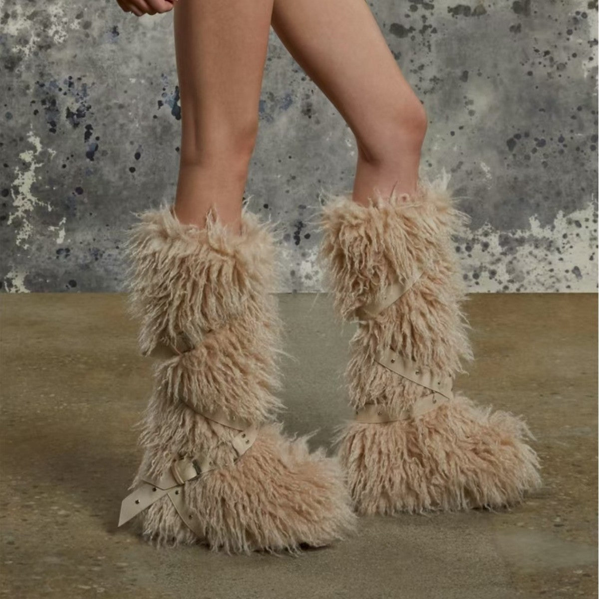 Leopard Print High Top Lace-Up Furry Boots Women Fleece-Lined Studded Thick Sole Snow Boots 8