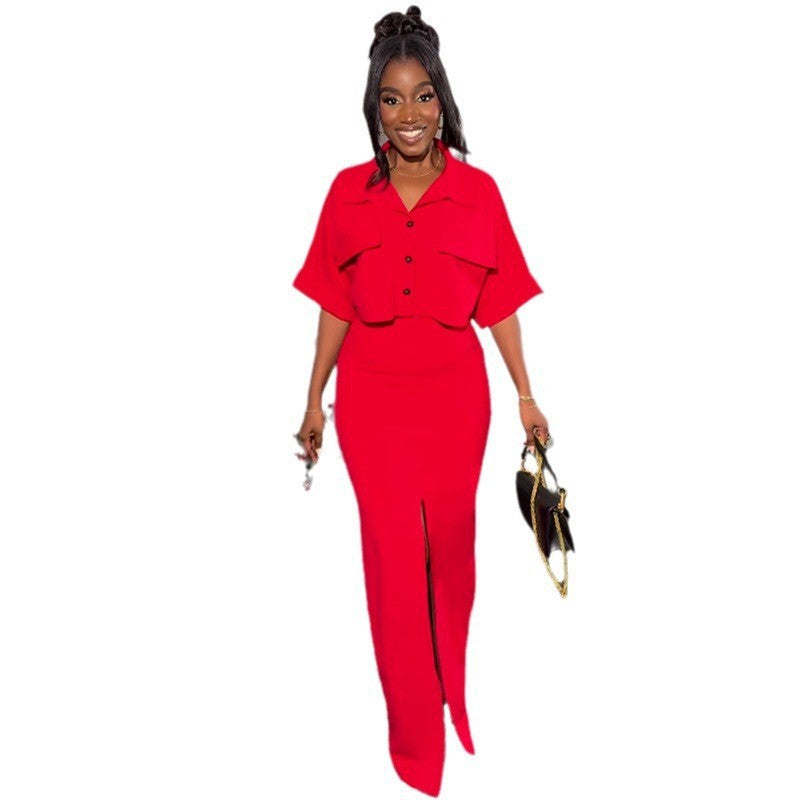 Women's Summer Turndown Collar Short Sleeve Shirt Top Slit Long Skirt Suit 7