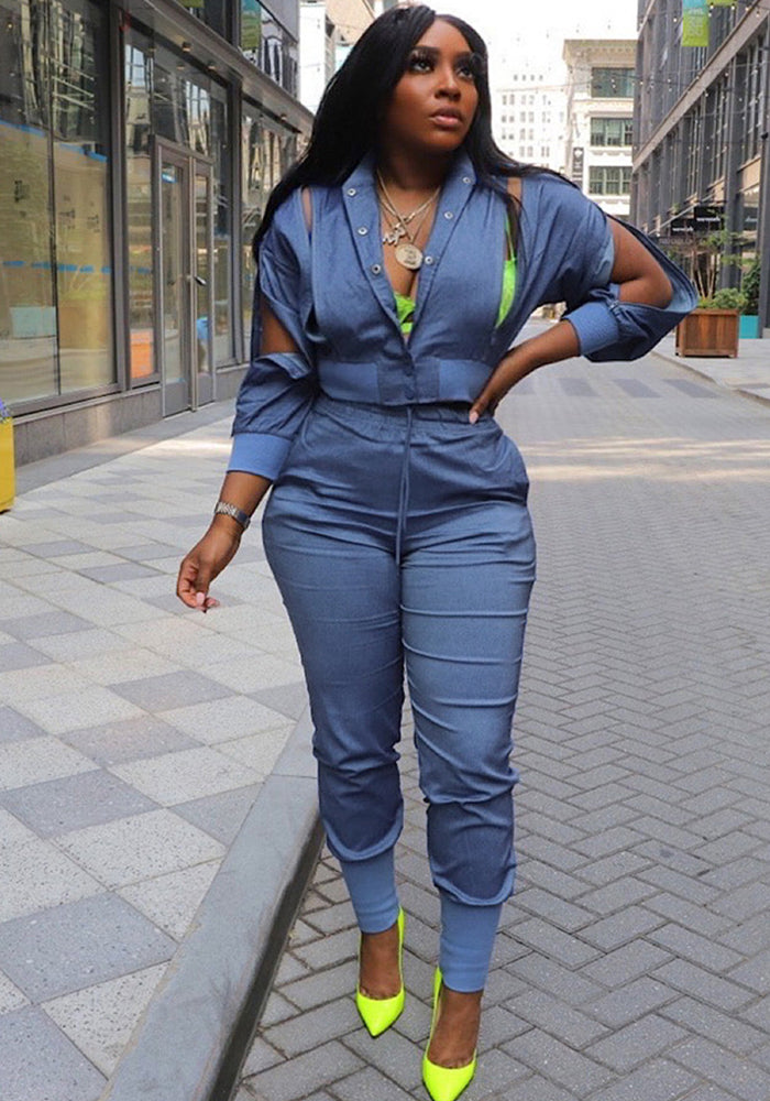 Women Style Zip Crop Coat and Pant Casual Denim Two-Piece Set