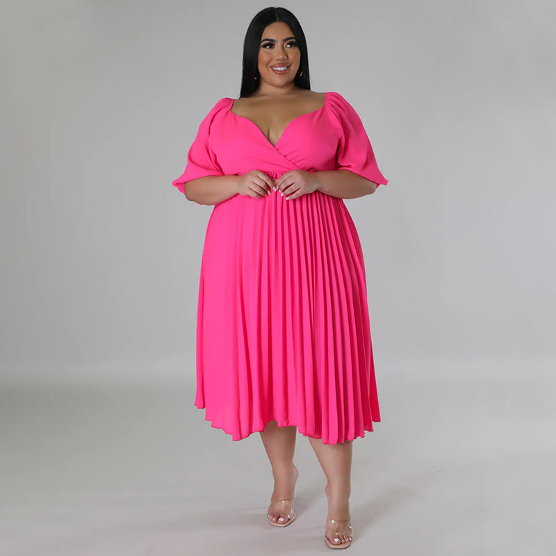 Women's V Neck Hem Pleated Short Sleeves Plus Size Dress 3