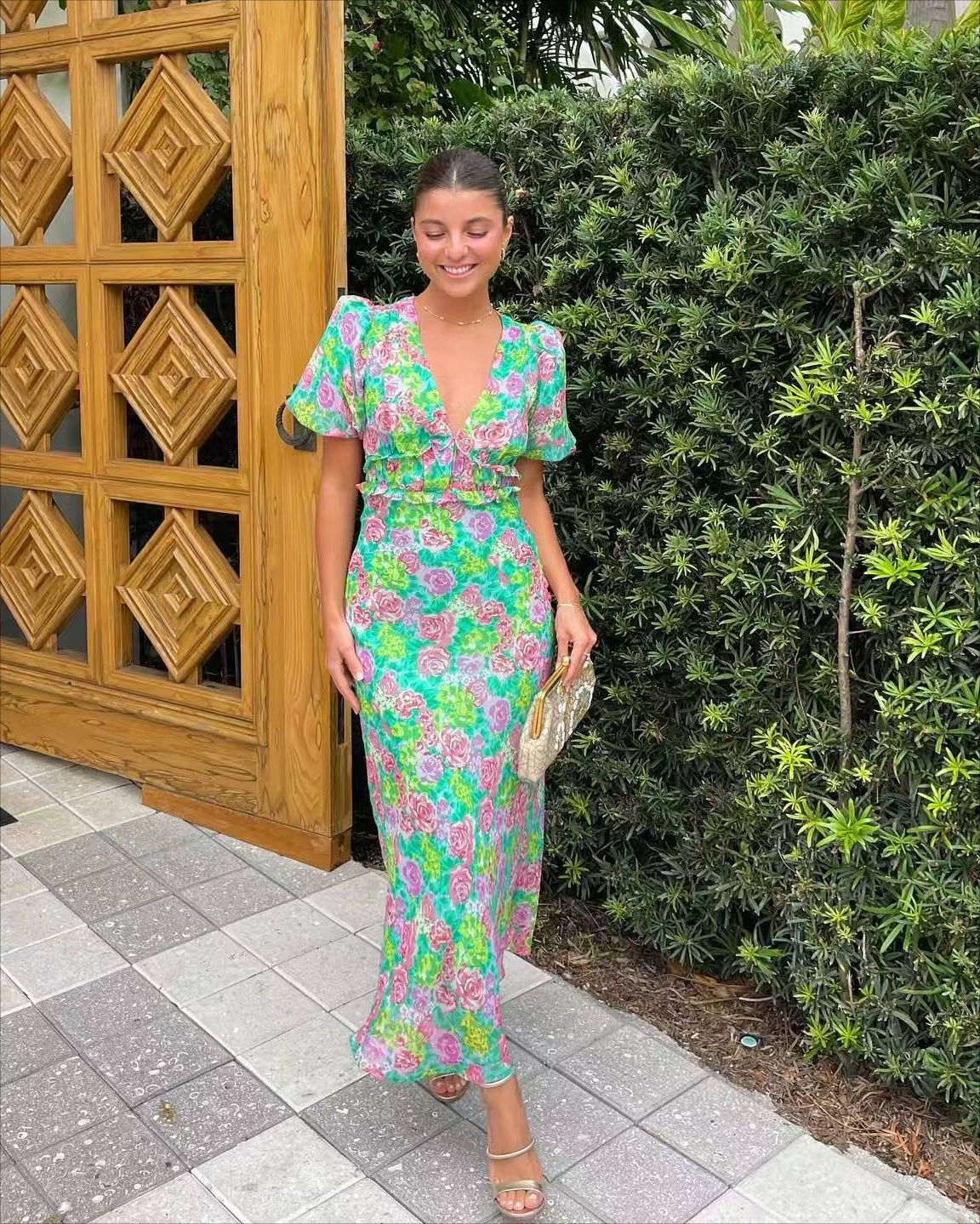 Summer Puff Sleeve V-Neck Print Dress