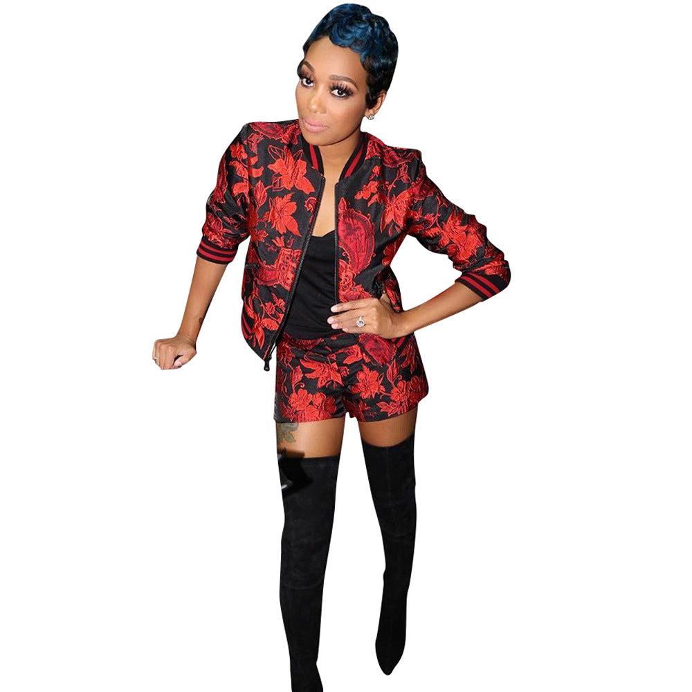 Women Autumn and Winter Style Print Long Sleeve Top And Shorts Two Piece Set 7