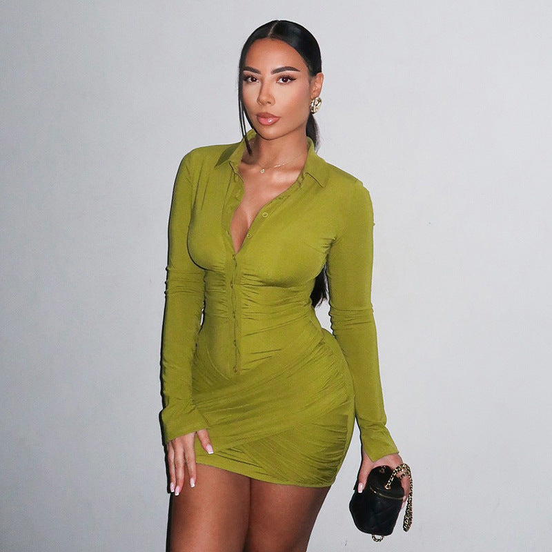 Women's Turn-Down Collar Button Long Sleeve Bodycon Short Dress 16