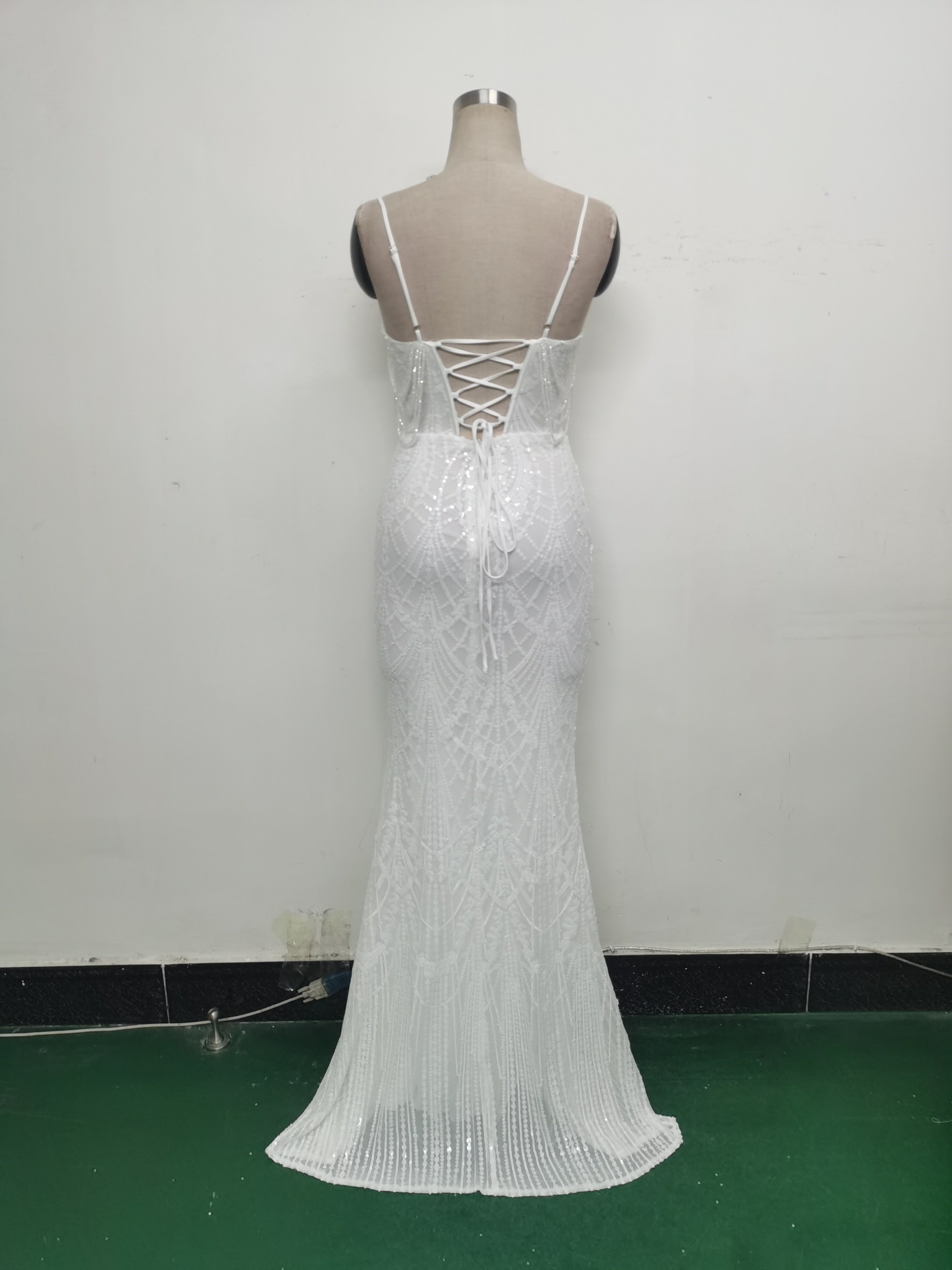 Women beaded sequin fishbone Lace-Up See-Through evening dress 42