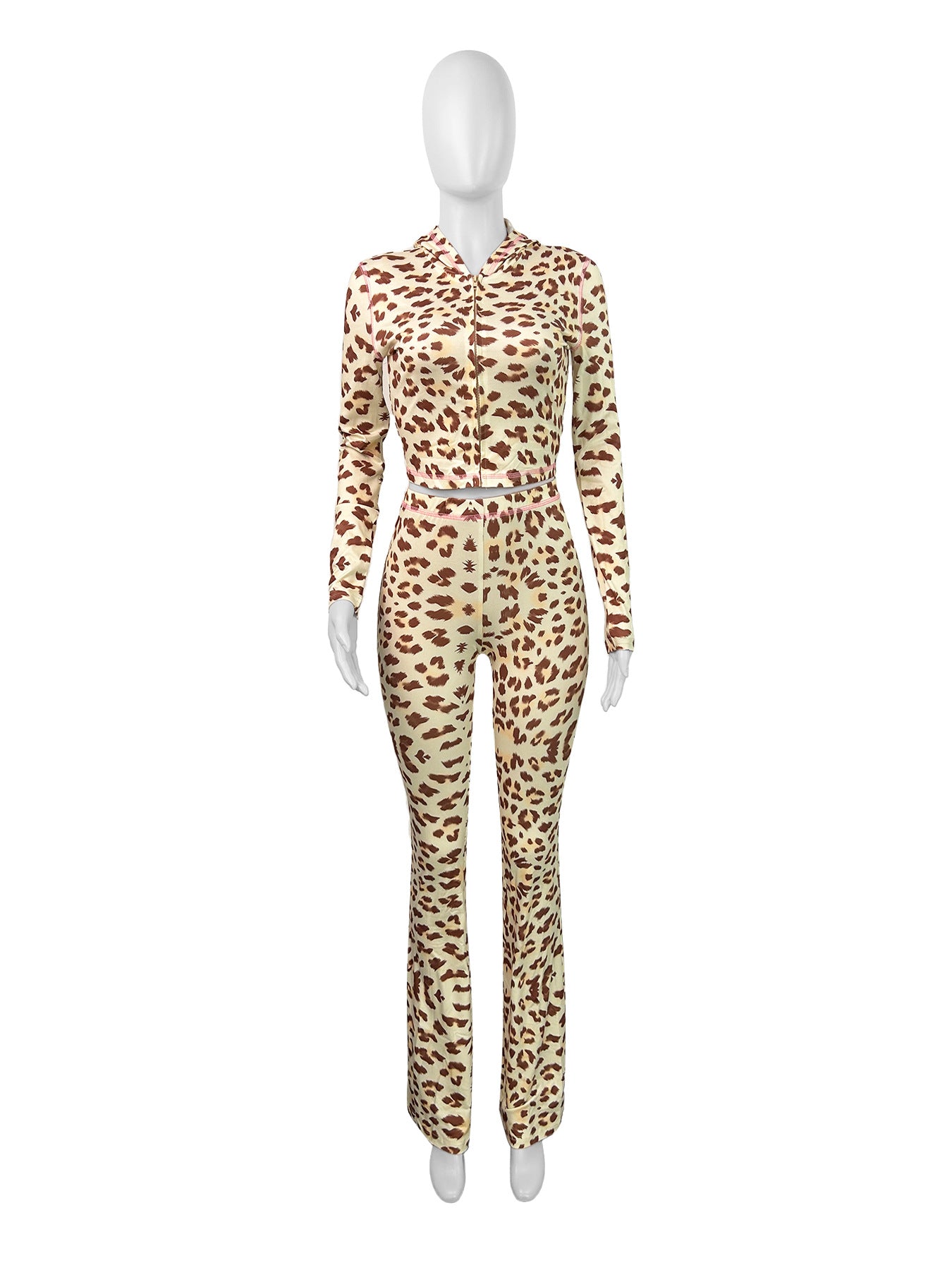 Women leopard print long-sleeved hooded top and pants two-piece set 5