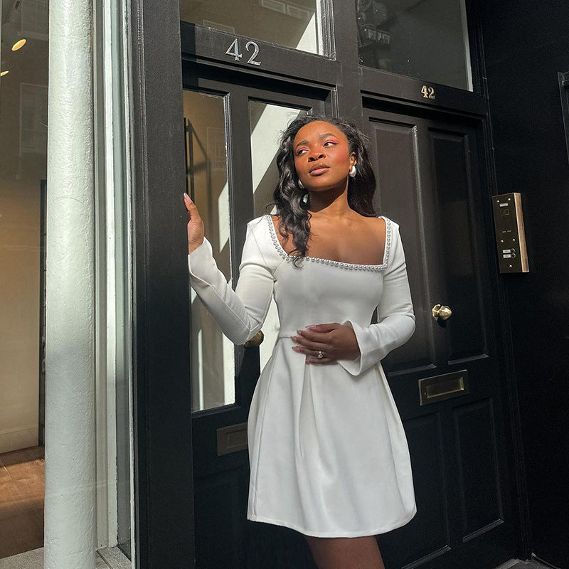 Women autumn Pearl Square Neck Bodycon Dress 12