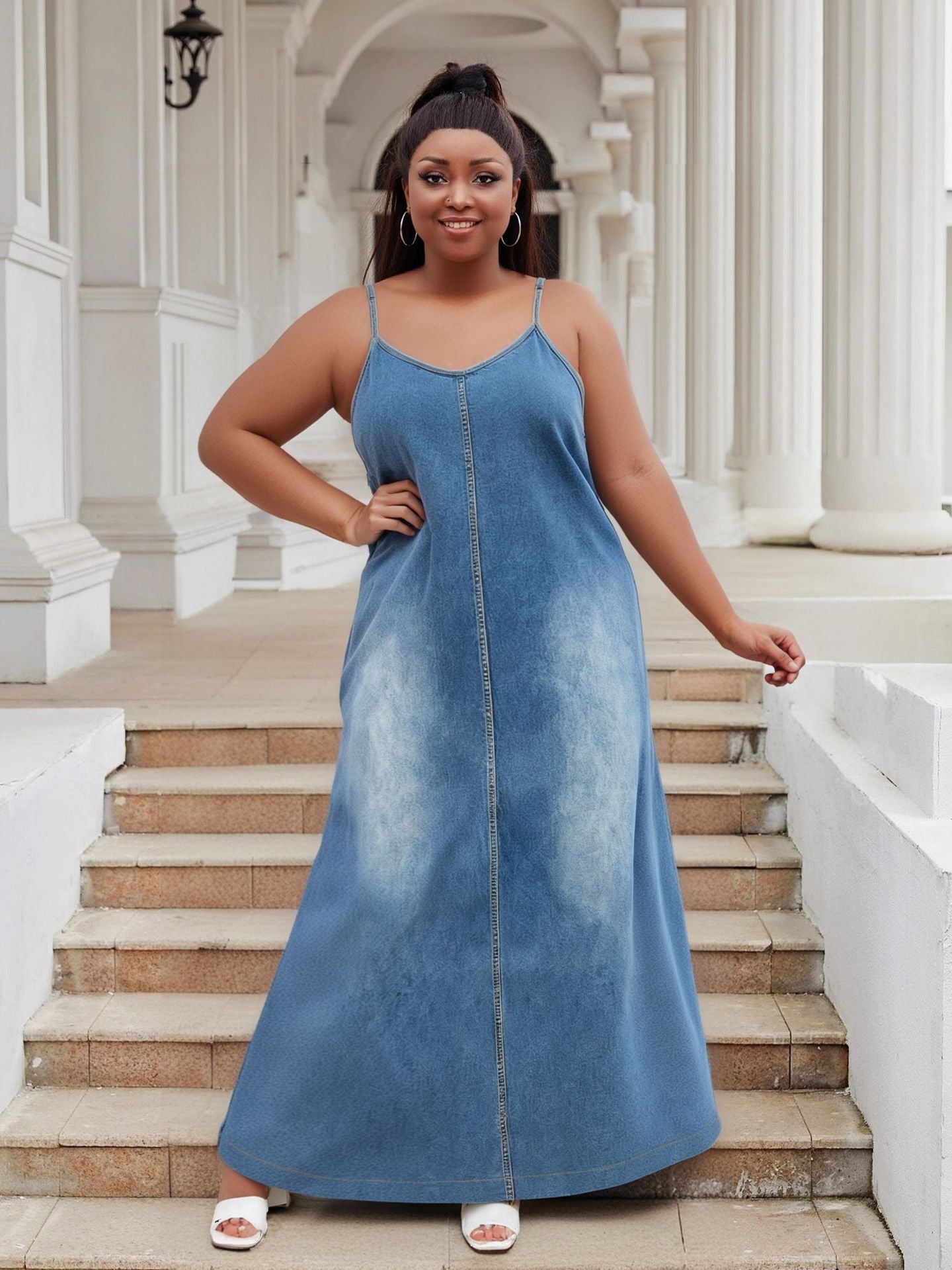 Plus-Size Women V-Neck Strappy Casual Denim Dress 7