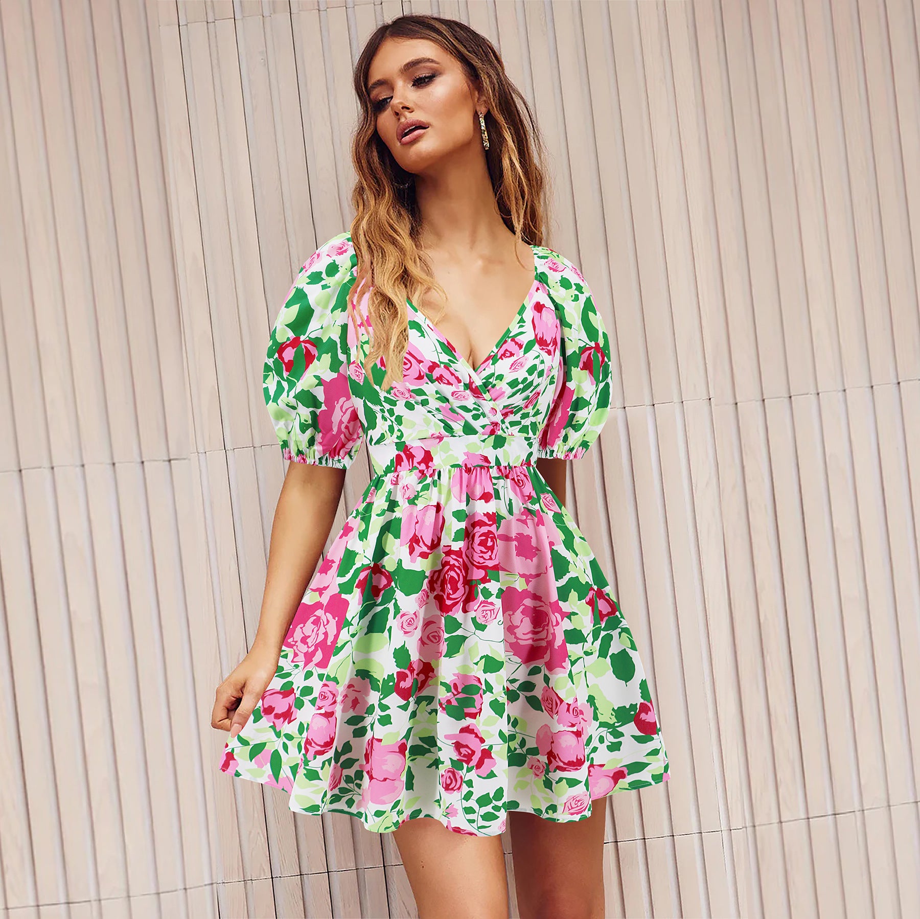 Women's Summer Printed V-Neck Lantern Sleeve Short Dress 8