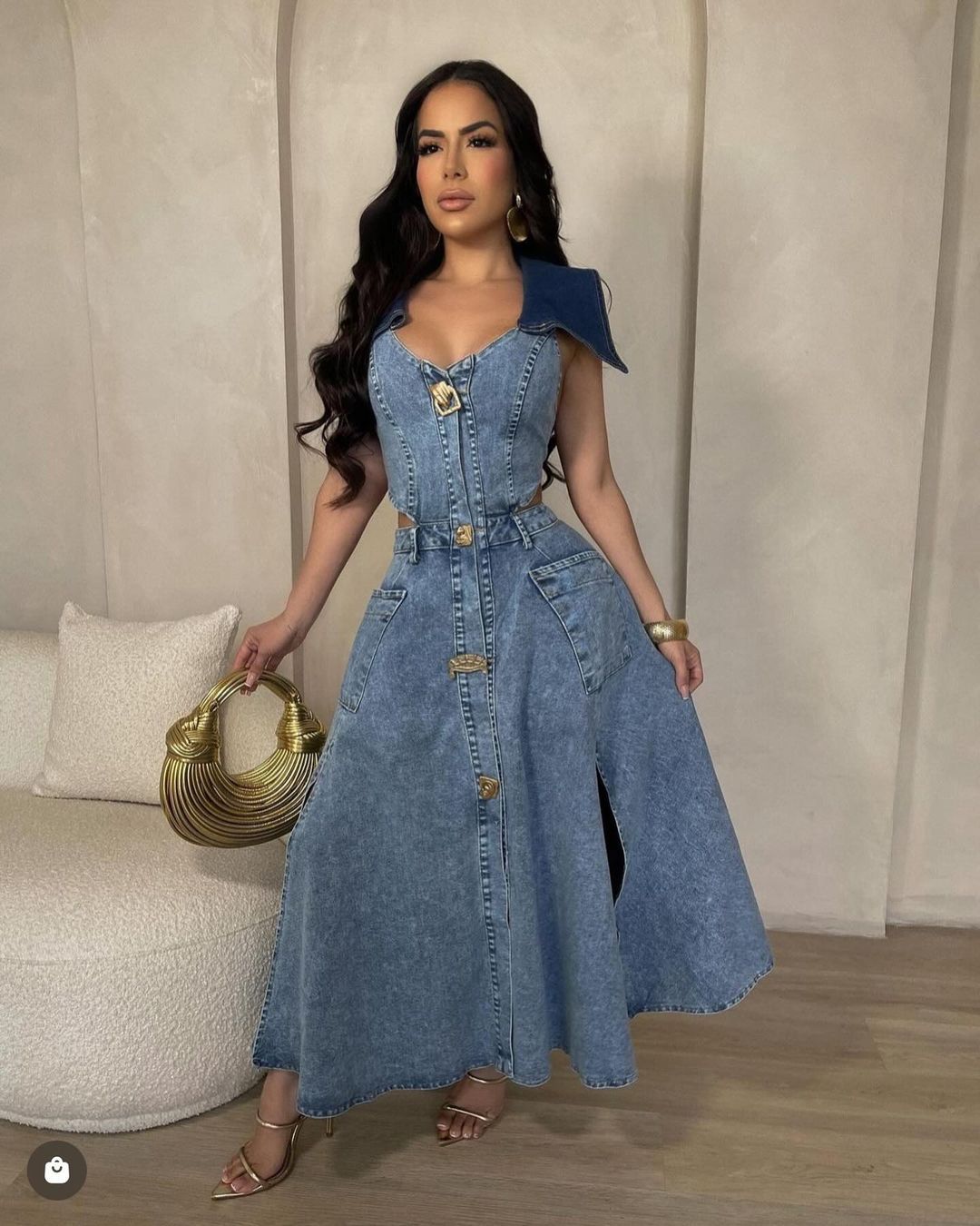Sleeveless Turn Down Collar Sheer Waist Cut Out Denim Dress