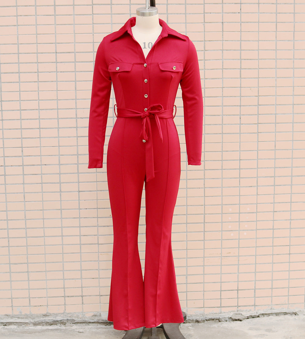 Women Turndown Collar Long Sleeve Bell-Bottom Jumpsuit 27