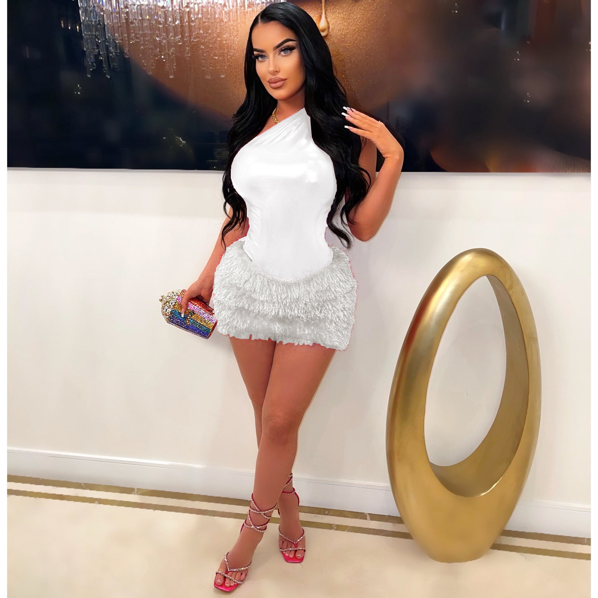 Women's Solid Color Glossy Bodysuit Sexy Short Skirt Two-Piece Set 11