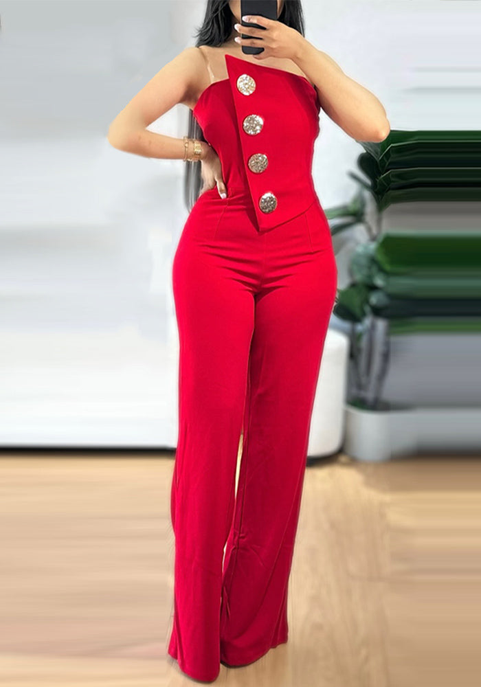 Fashionable women's solid color strapless button jumpsuit