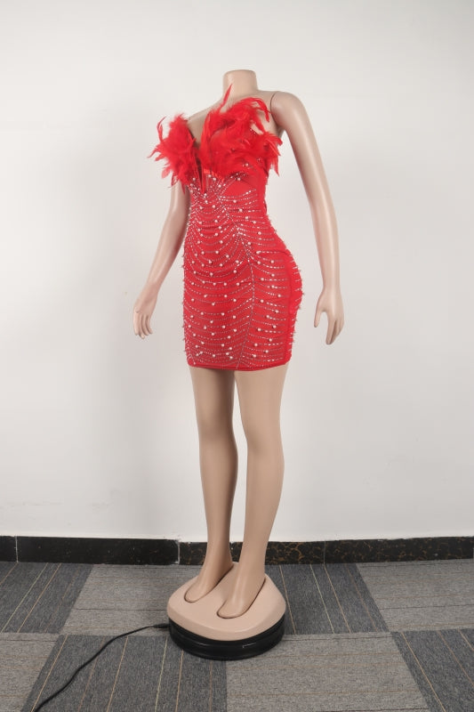 Sexy Feather Beaded Pearl Tight Fitting Bodycon Dress 27