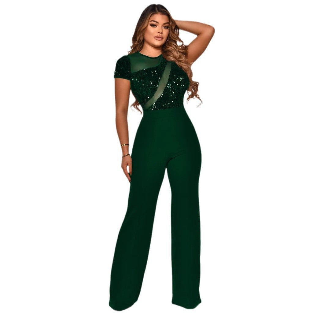Women Irregular Sequin Patchwork Short Sleeve Jumpsuit 9