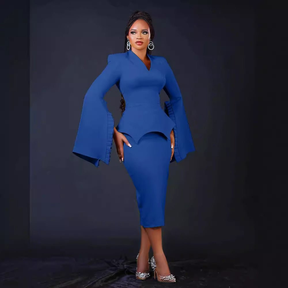 Women Solid Pleated Swing Sleeve V-Neck Dress 6