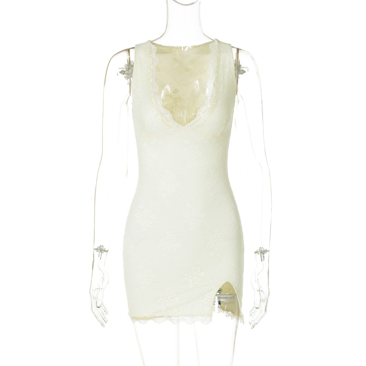 Women summer sexy v-neck lace slit Bodycon Dress 7