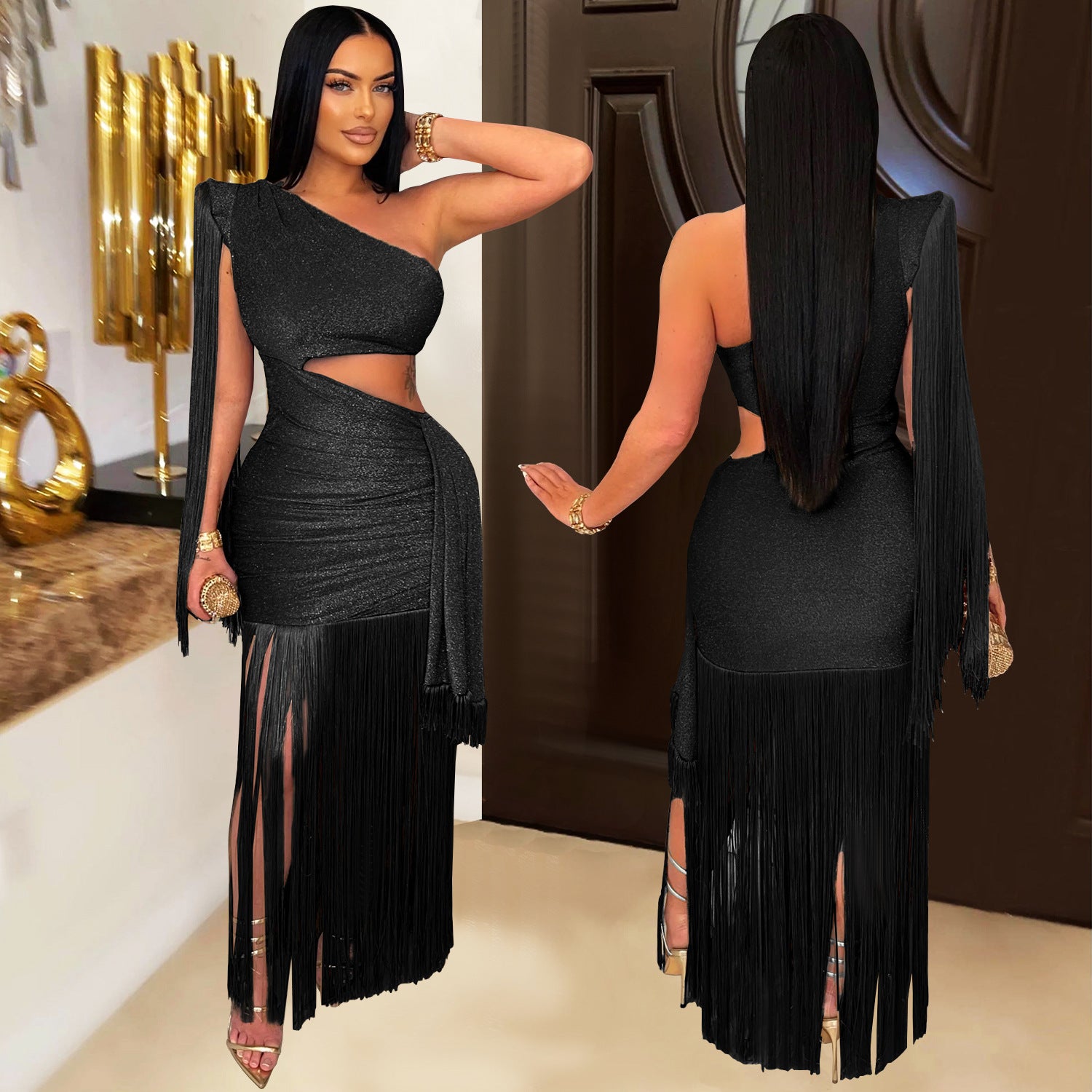 Fashion Women's Sexy Casual One-Shoulder Tassel Maxi Dress 7