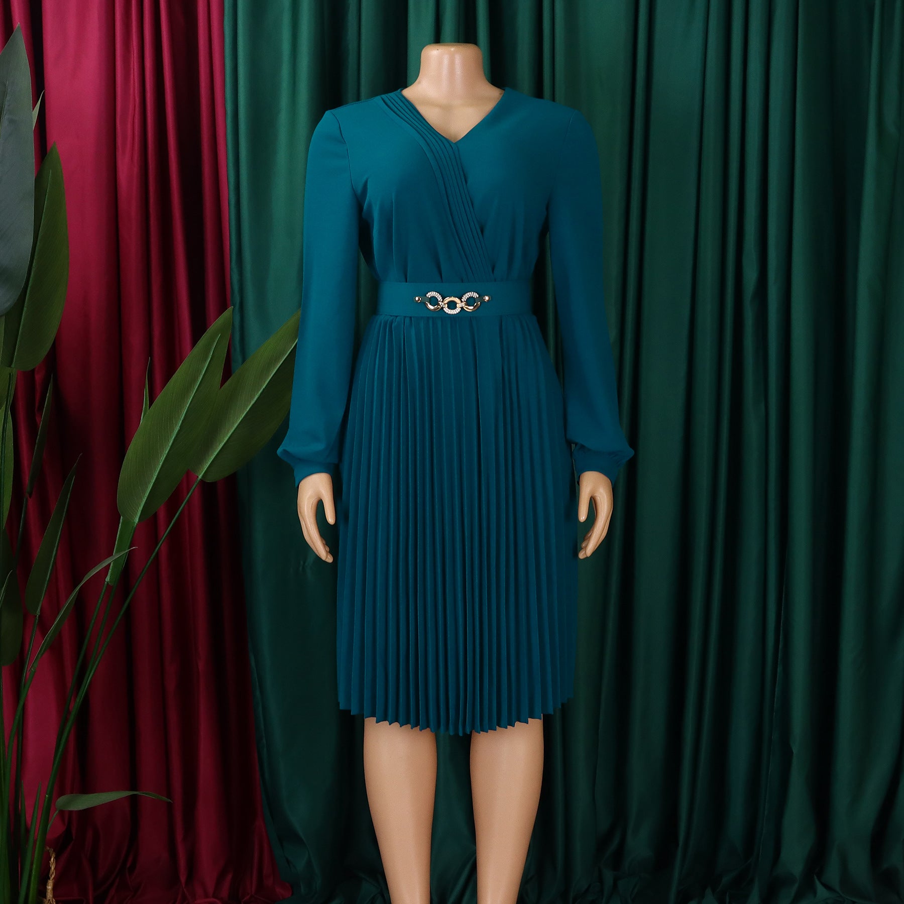 Women Spring V-Neck Pleated African Dress 15