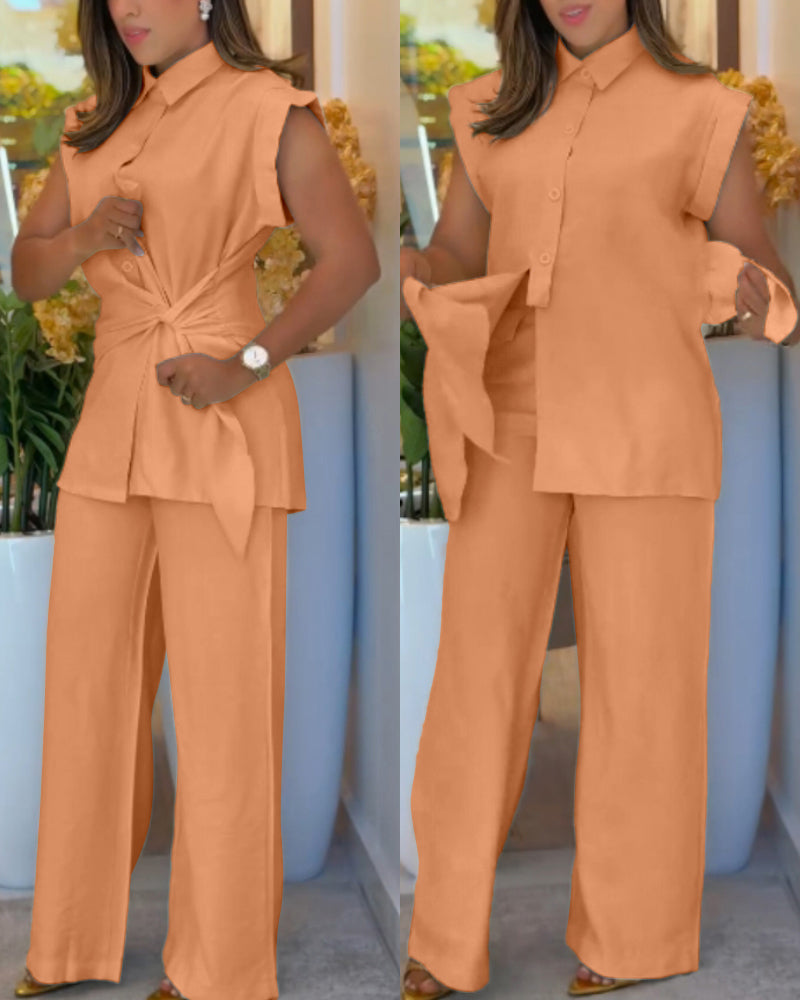 Women's Fashion Sleeveless Lace-Up Shirt Wide-Leg Pants Set 4