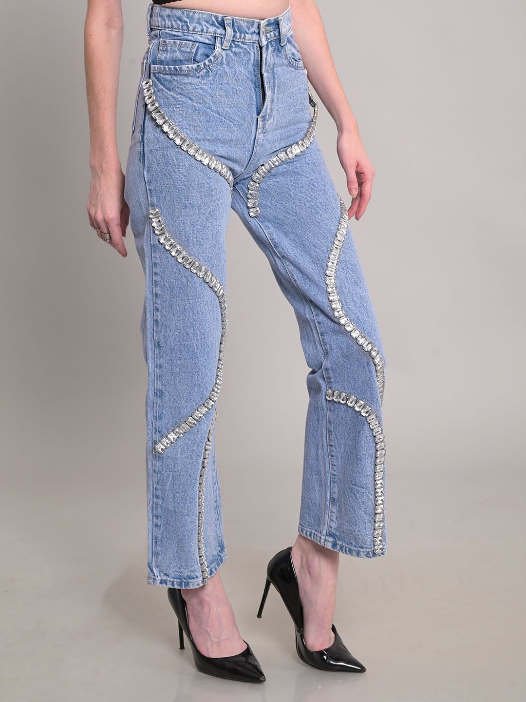 Women's High Waist Rhinestone Wide-Leg Trousers Straight Long Casual Denim Pants 6