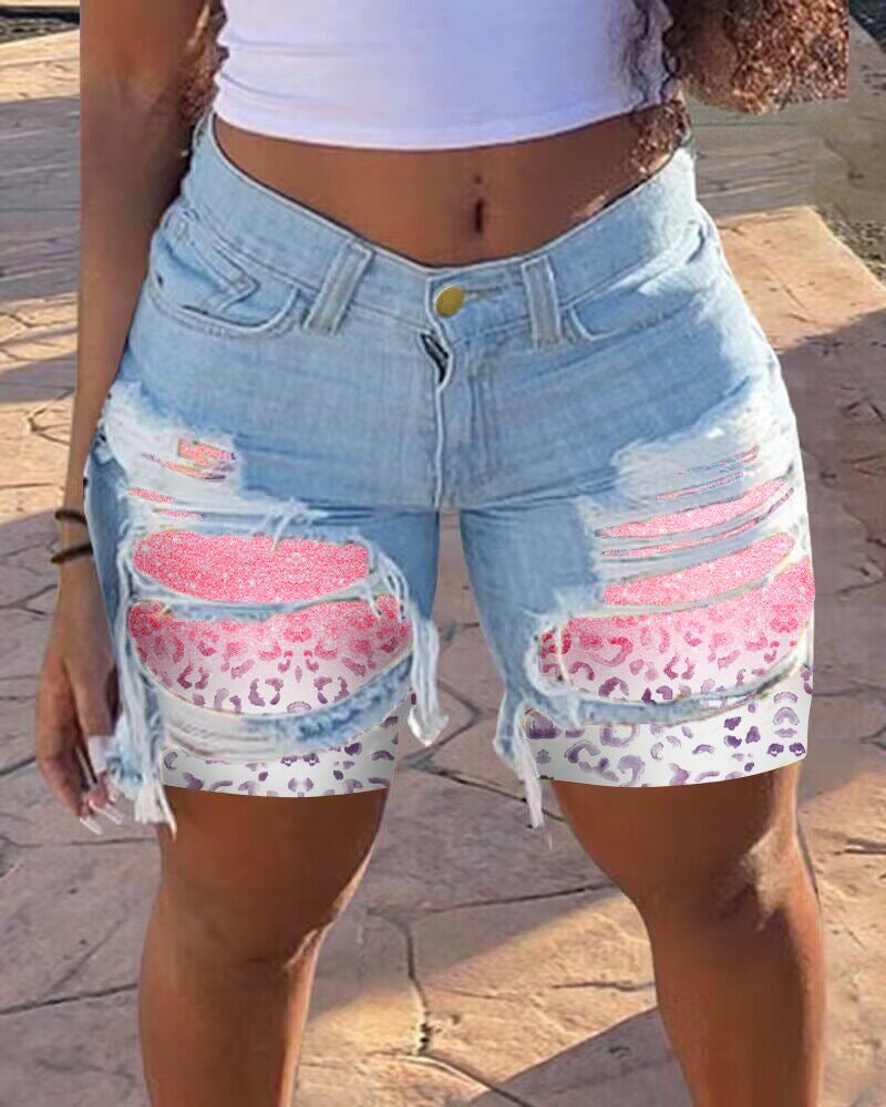 Spring Summer Patched Ripped Mid Women's Denim Shorts 11