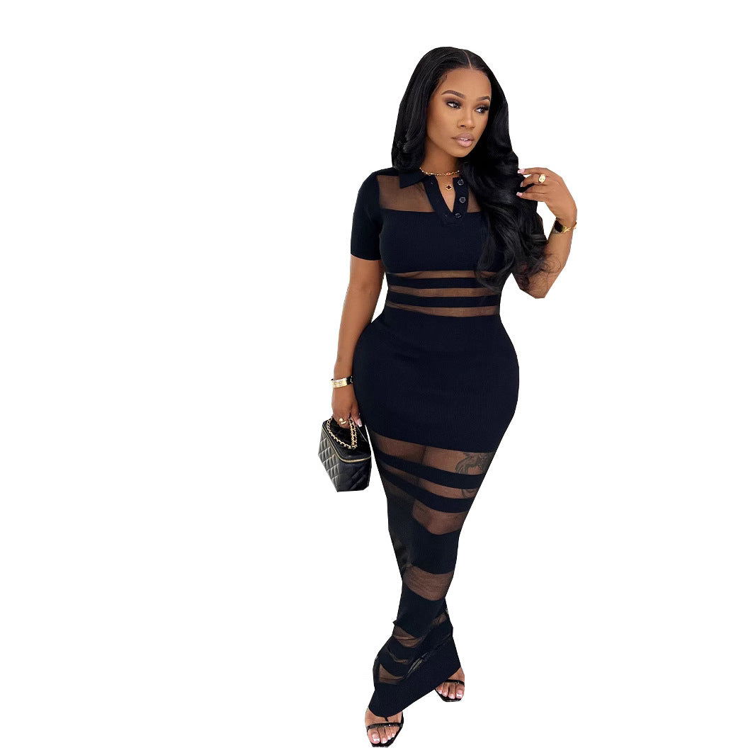 Feminine Mesh Patchwork Turndown Collar Bodycon Dress