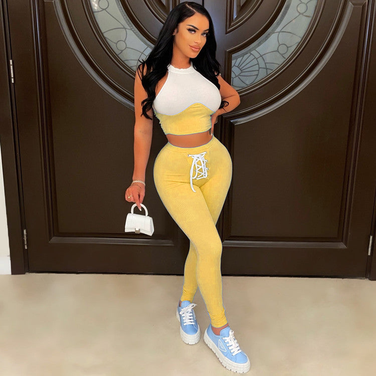 Women's Sexy Ribbed Suit Round Neck Tank Top Pencil Pants Lace-Up Two Piece Summer Set