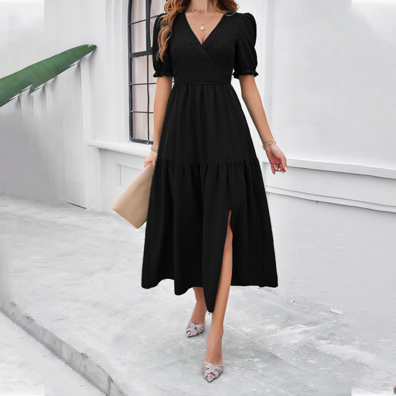 Women's Spring And Summer Solid Color Chic V-Neck Short-Sleeved Long Dress 7