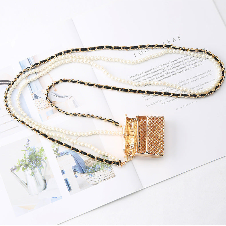 Women Hollow Diamond Earphone Bag Pearl Chain Waist Bag