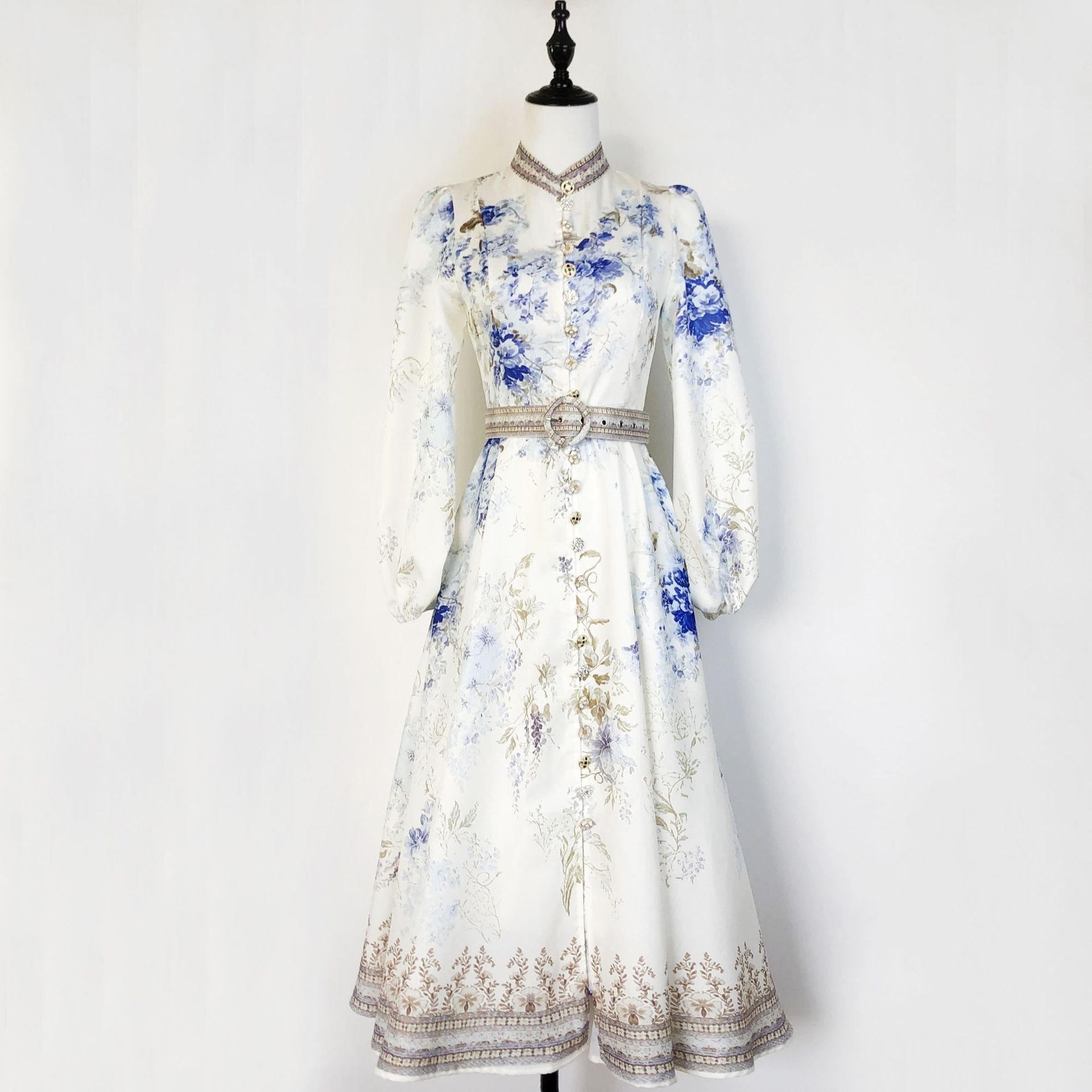 Elegant Print Row Jewelry Button Floral Lantern Sleeve Midi Dress with Belt 14