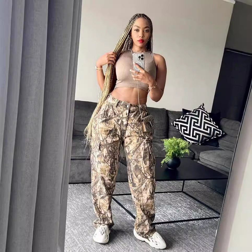 Women autumn branch print loose straight Casual Cargo Pants 4