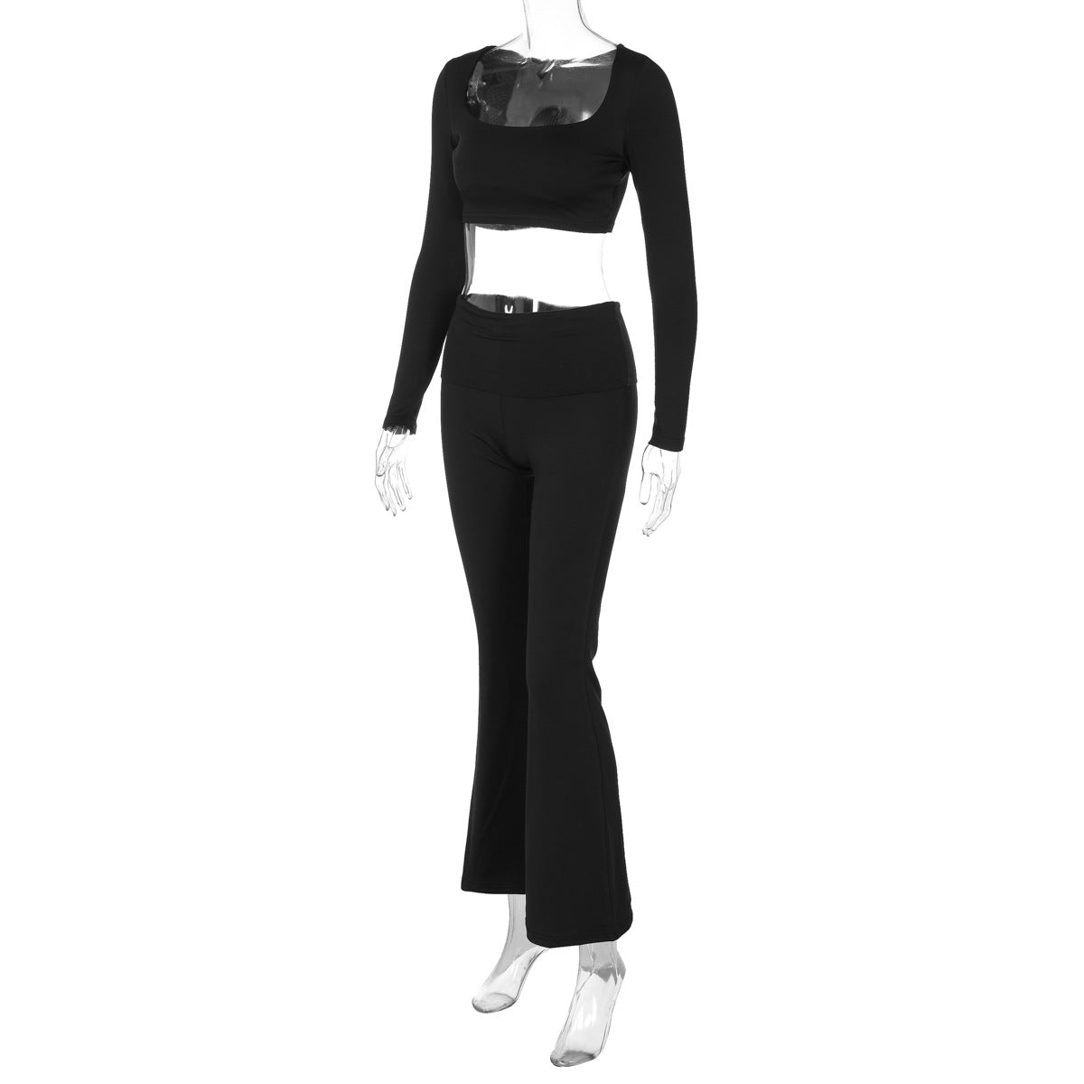 Women Solid Long Sleeve Square Neck Top and Bell Bottom Long Pants Casual Two-piece Set 6