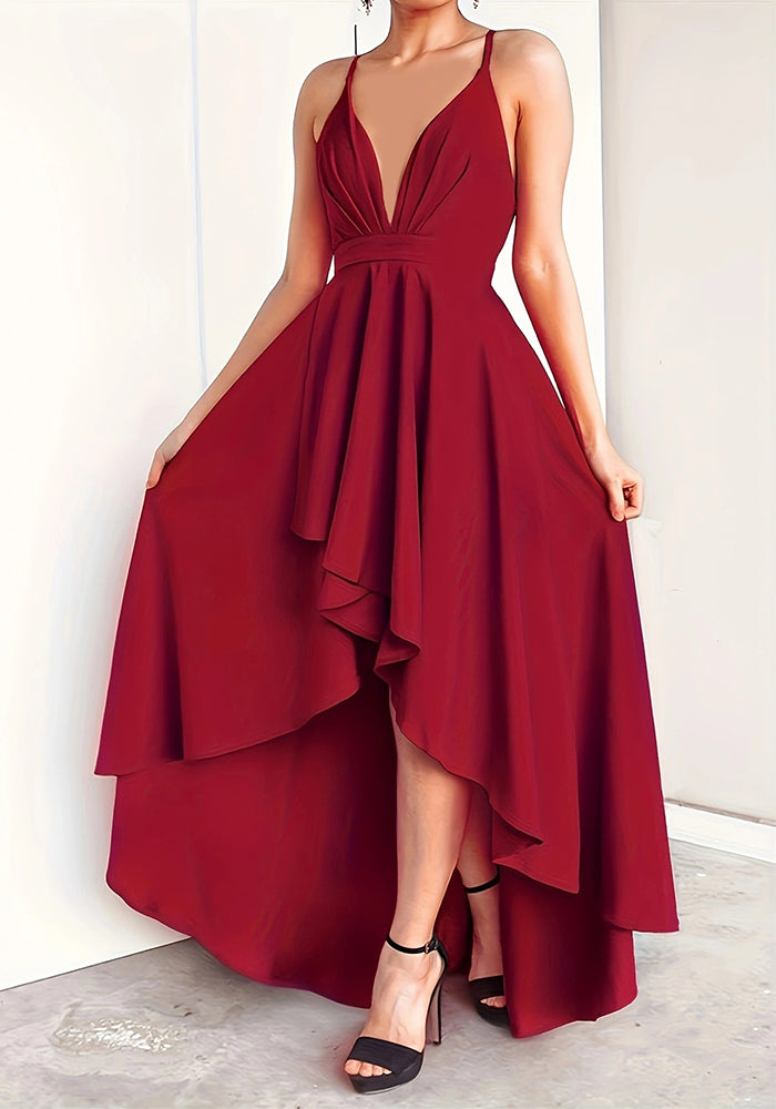 Women Solid Suspender V-neck Backless Irregular Strap Dress 5