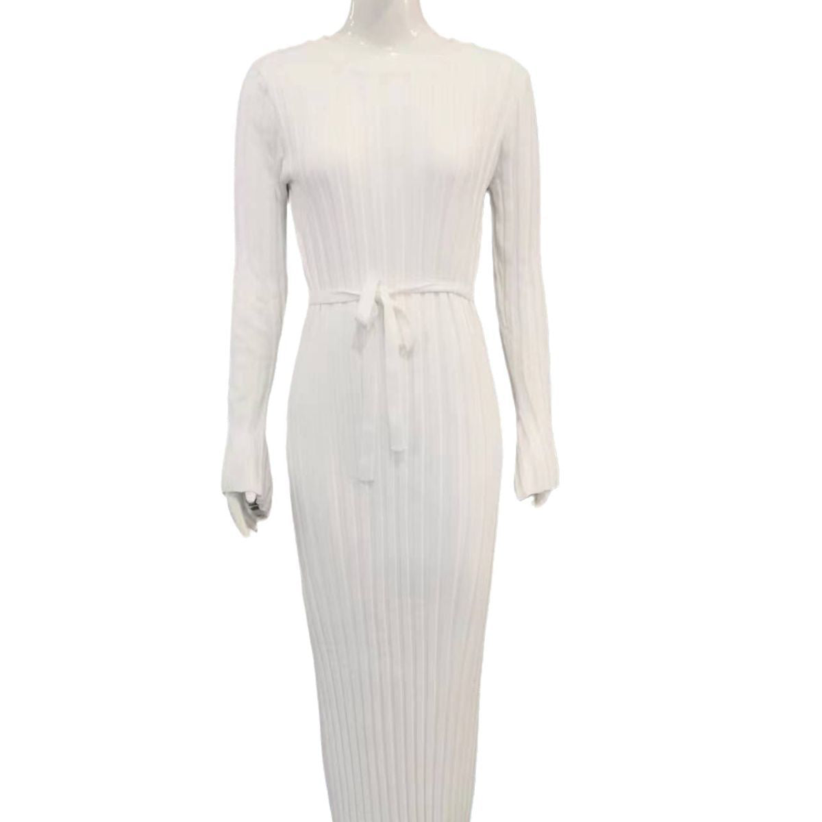 Autumn And Winter Knitting Dress Casual Slim Waist Round Neck Ribbed Slim Fit Knitting Long Dress For Women 8