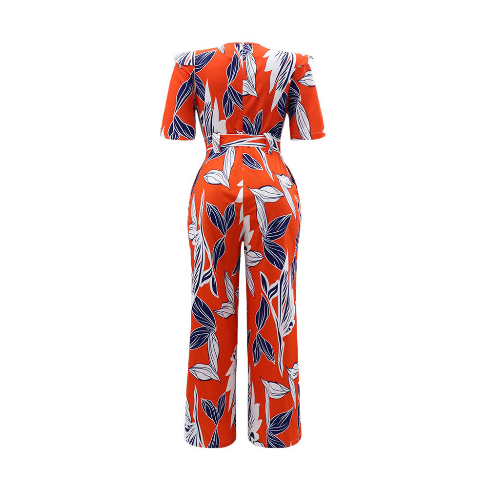 Women Printed Patchwork Irregular Short Sleeve Tie Jumpsuit 4
