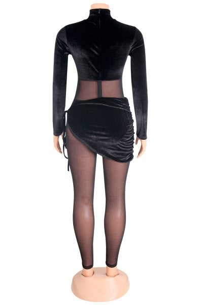 Autumn Party Sexy Mesh Patch Velour Tight Black Jumpsuit 6